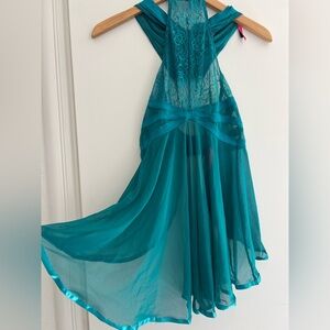 1990s/Y2K NWOT Seven Til Midnight Teal Sheer Lace Halter Chemise/Babydoll Set M